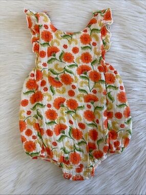 Angel Dear Muslin Orange Marigold Ruffle Sun Bubble Baby Romper Size 6-12 Month